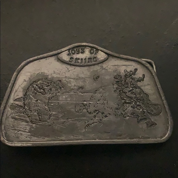 Vintage Bergamot Brass Works 1974 Joys of Skiing Silver Belt Buckle - Picture 1 of 8
